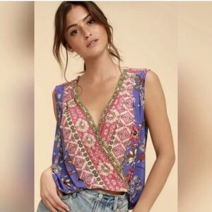 Free People Cobalt Combo Havana Floral Print Sleeveless Surplice Top Size XS